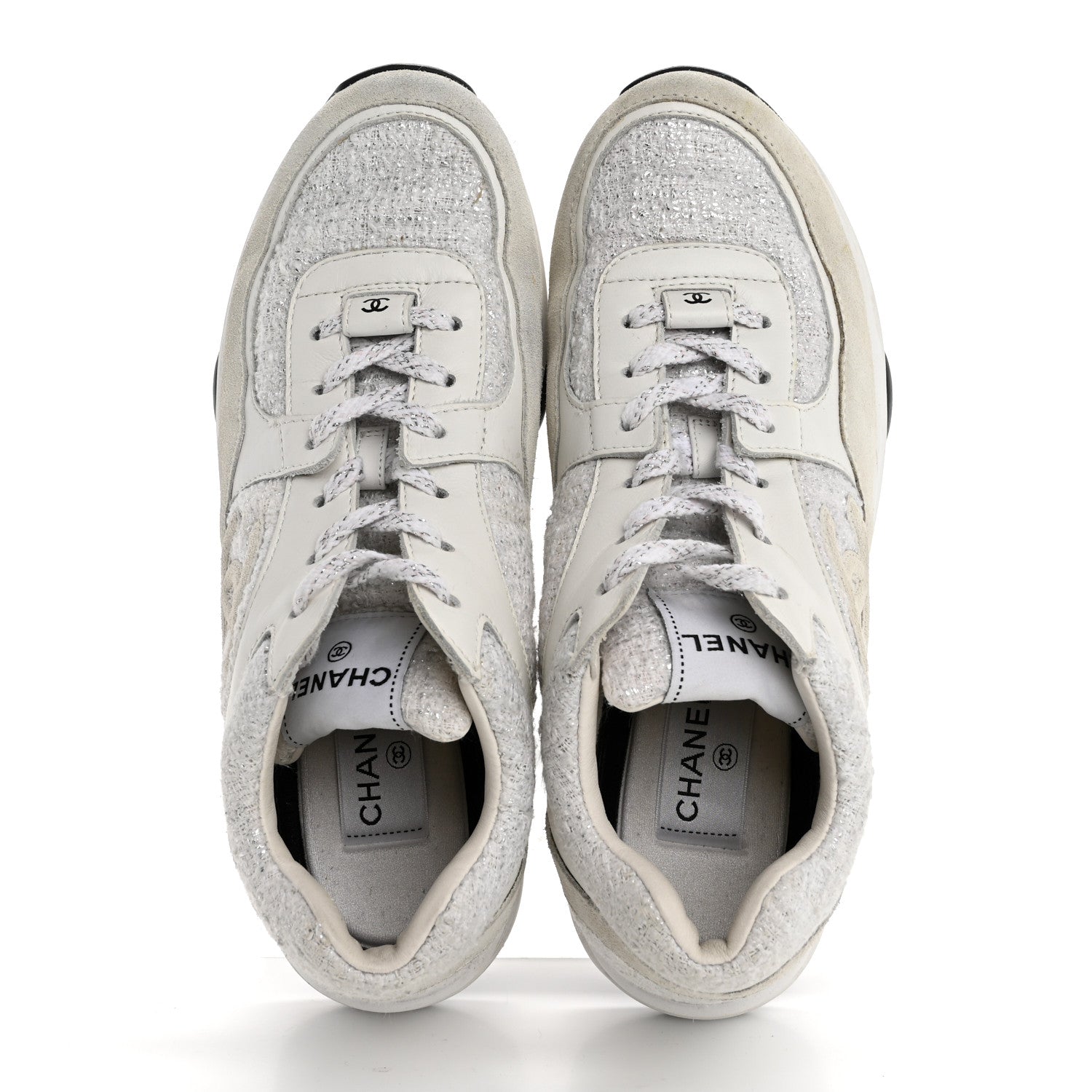 Painted Iridescent Cotton Tweed Suede Calfskin Womens CC Sneakers 39.5 White Silver Multicolor