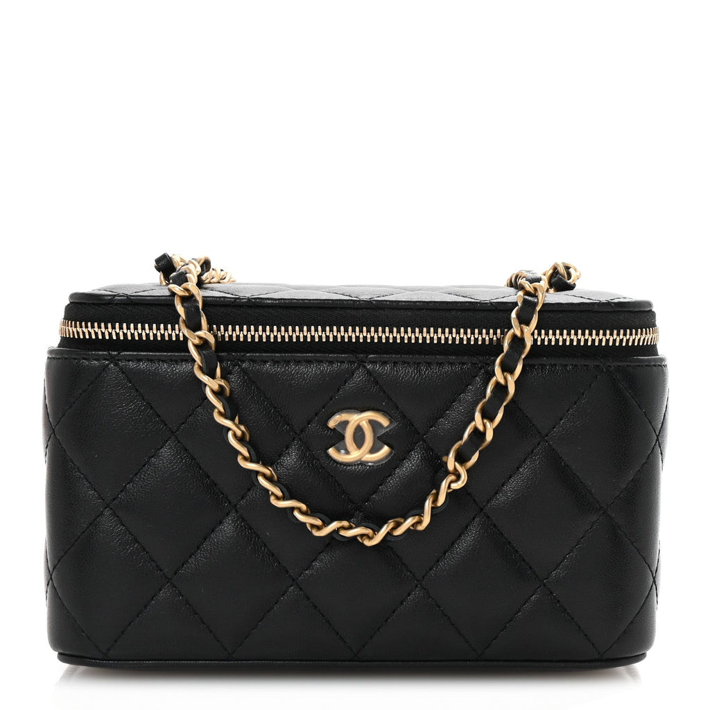 Lambskin Quilted Pearl Crush Small Vanity Case With Chain Black