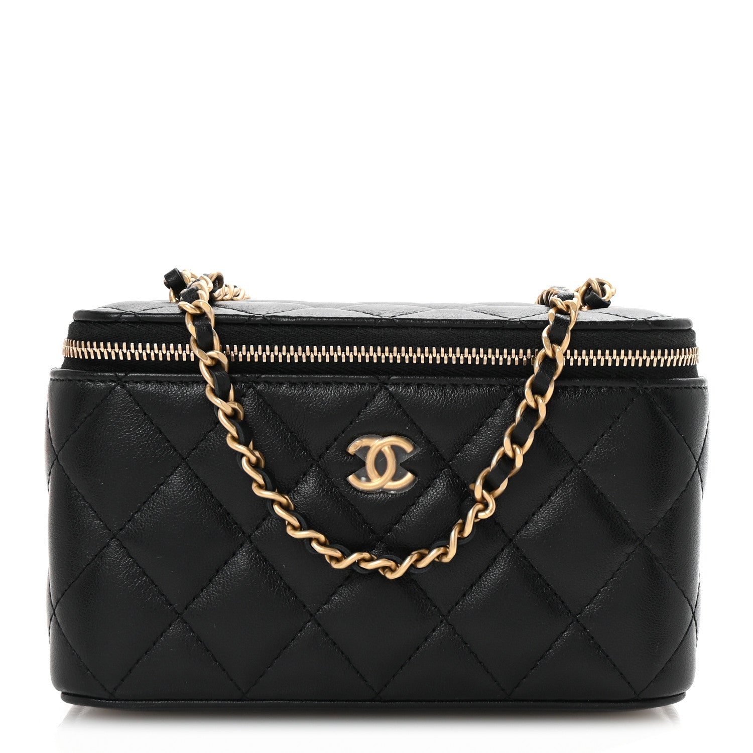 Lambskin Quilted Pearl Crush Small Vanity Case With Chain Black