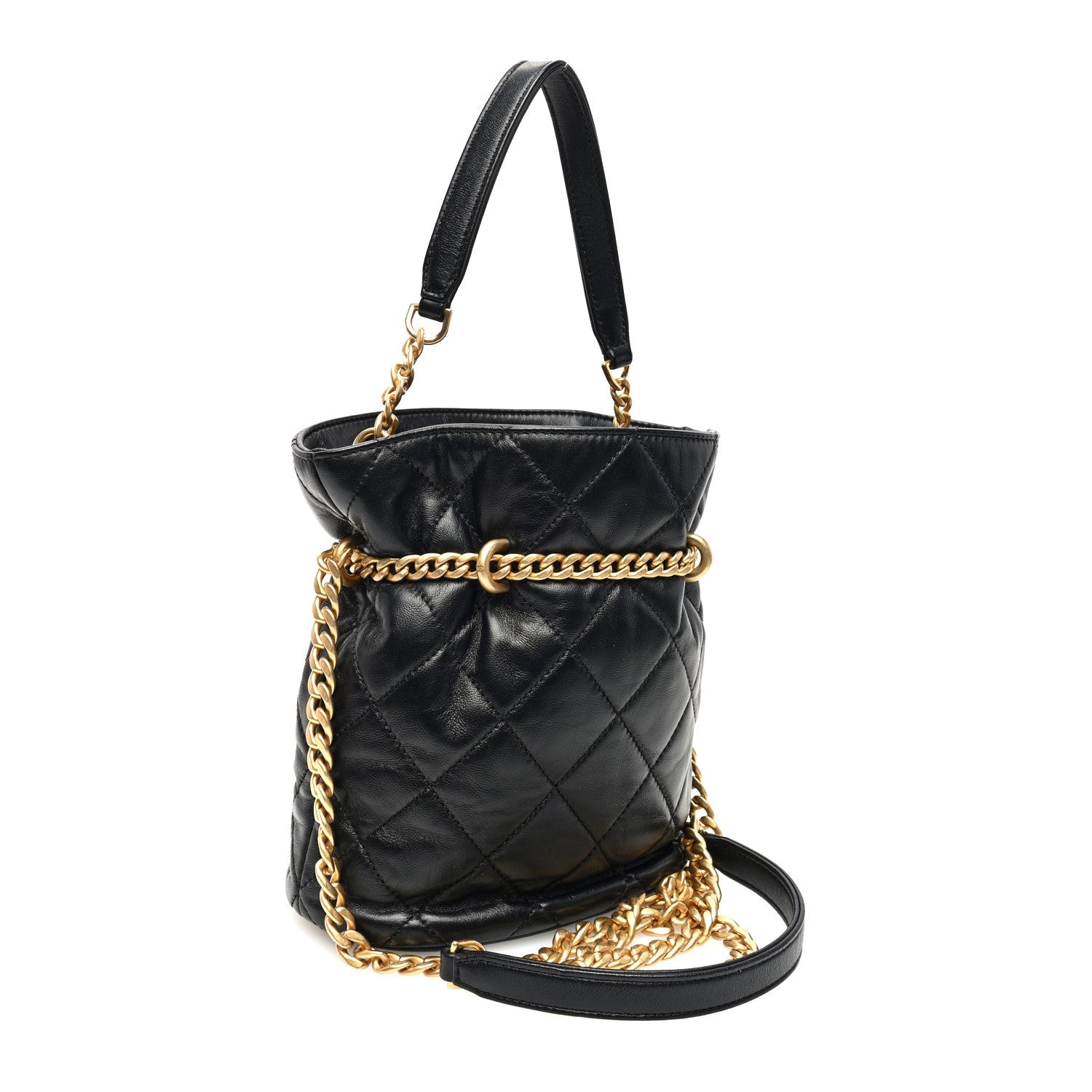 Lambskin Enamel Quilted Pending CC Bucket Drawstring Bag Black
