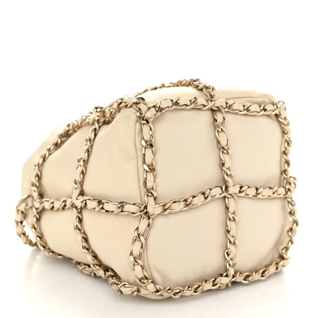 Lambskin Bucket Chain Drawstring Bag Beige
