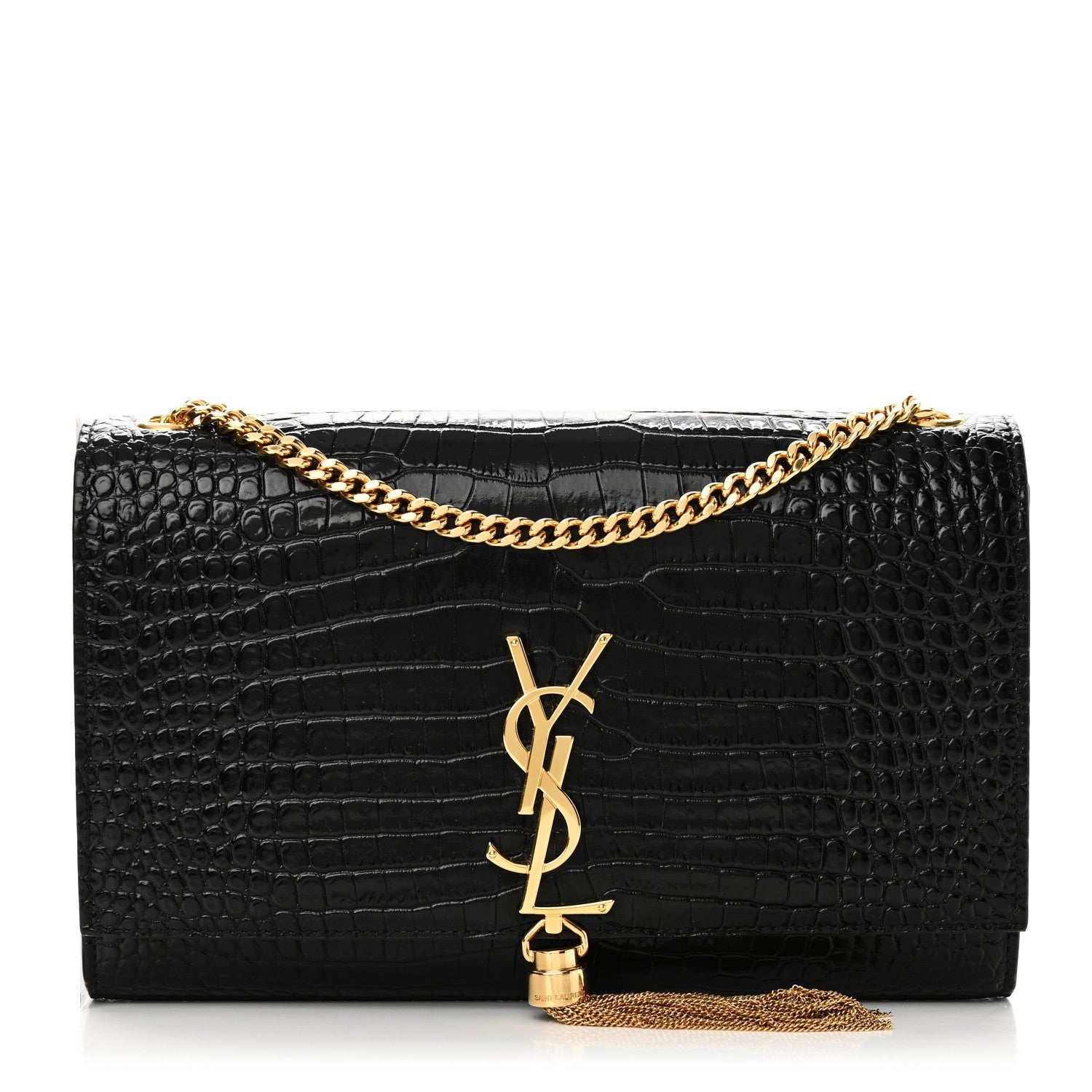 Calfskin Crocodile Embossed Medium Classic Monogram Kate Tassel Satchel Black