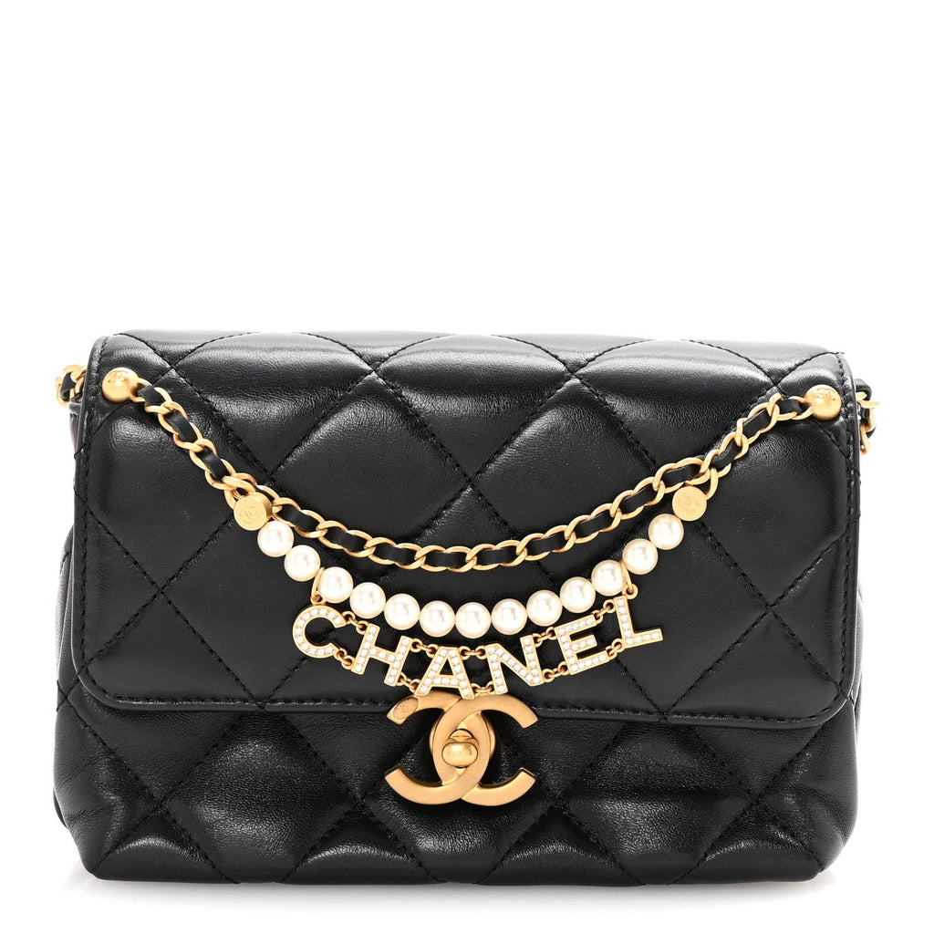 Shiny Lambskin Quilted Mini Pearl Logo Flap Black
