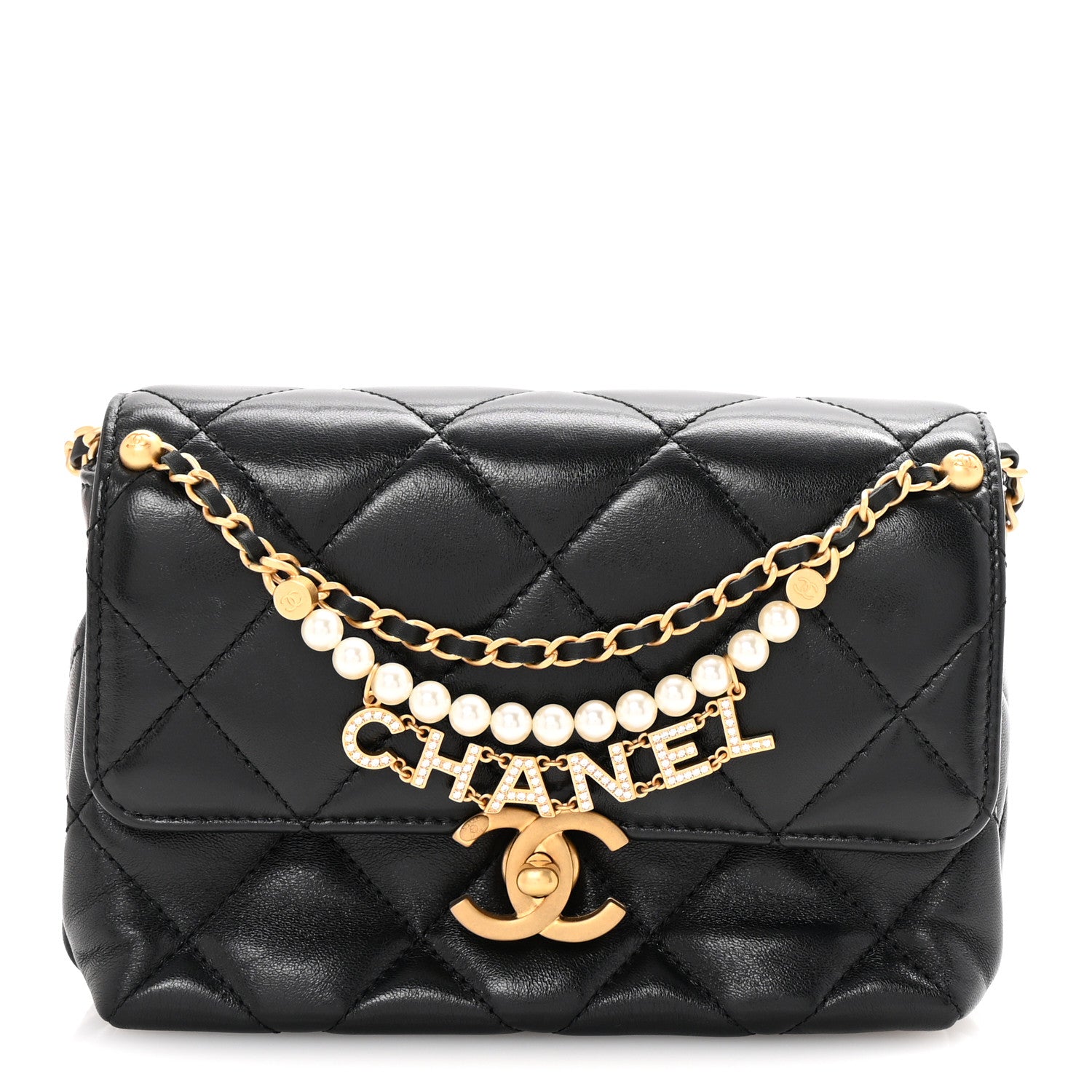 Shiny Lambskin Quilted Mini Pearl Logo Flap Black