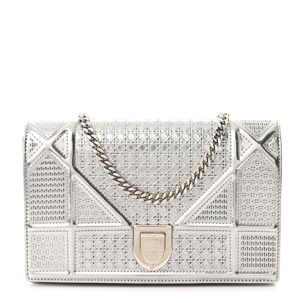 Metallic Patent Micro-Cannage Diorama Wallet on Chain Pouch Silver