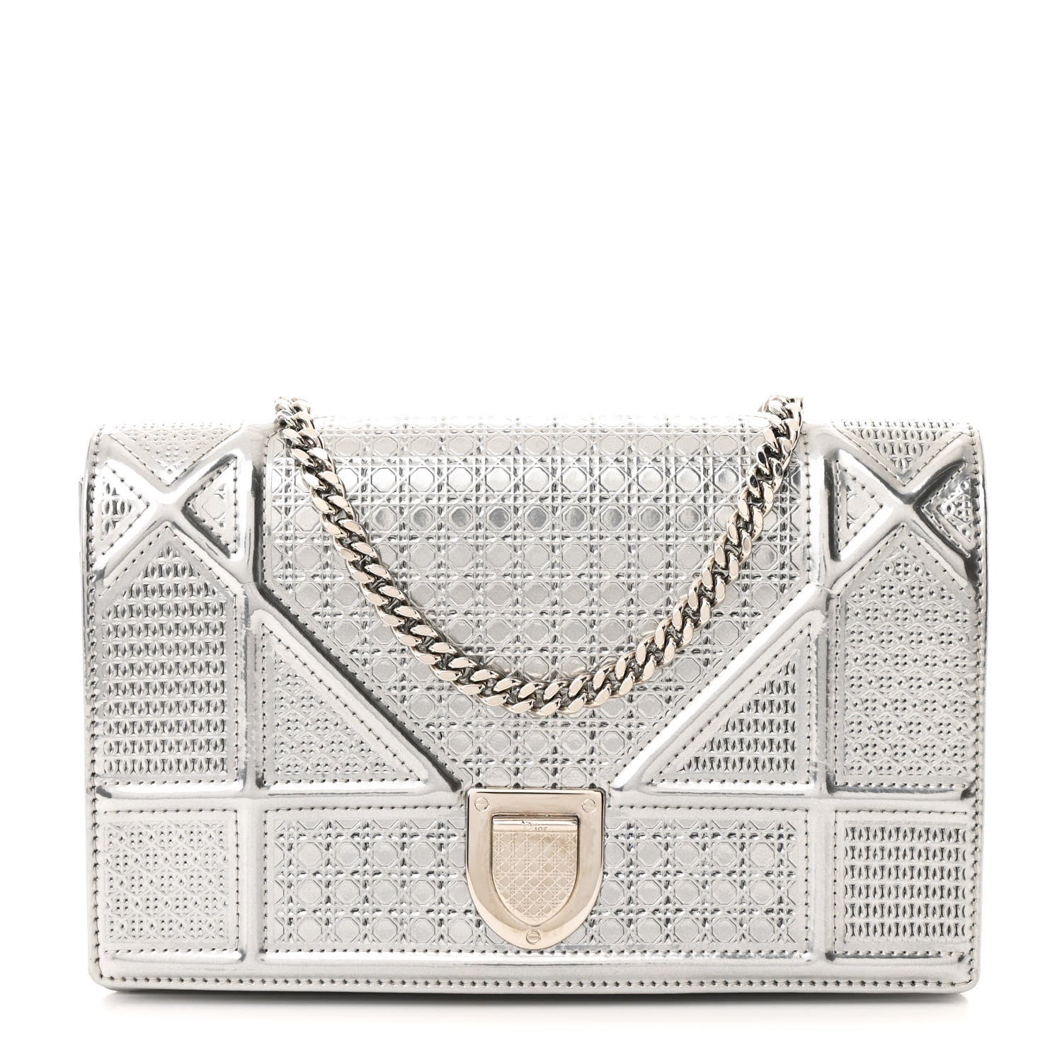 Metallic Patent Micro-Cannage Diorama Wallet on Chain Pouch Silver