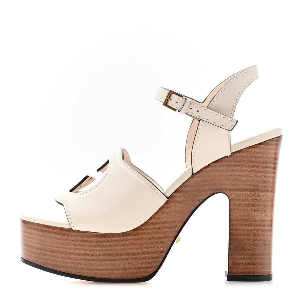 Cosmos Softy Calfskin Wooden Interlocking G Cut-Out 30/120mm Platform Sandals 38.5 Mystic White