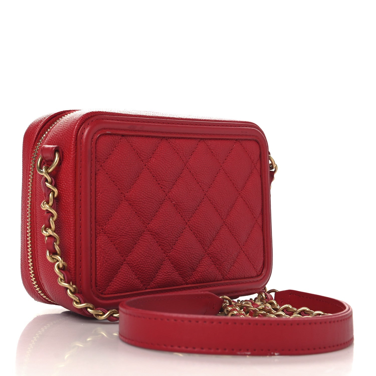Caviar Quilted Filigree Vanity Clutch With Chain Red