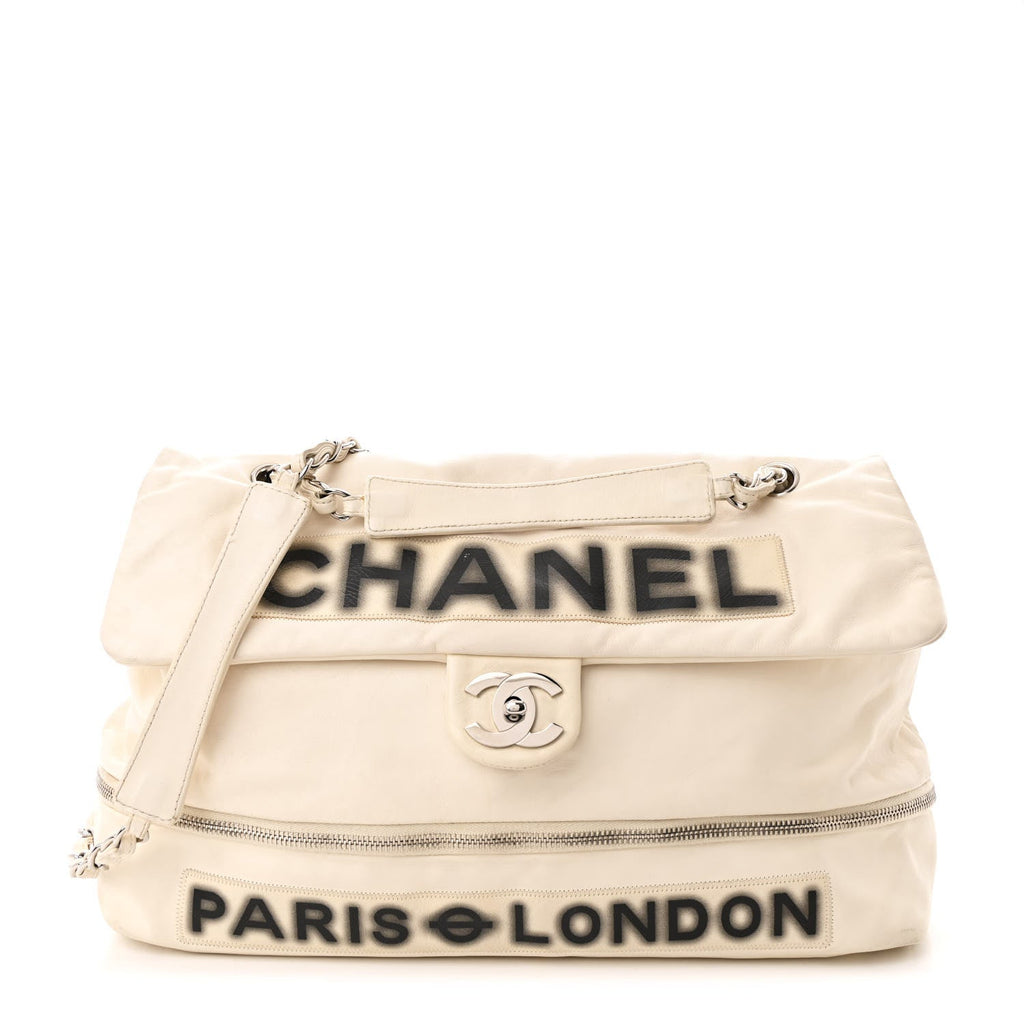 Calfskin Large Expandable Paris London Flap Bag White