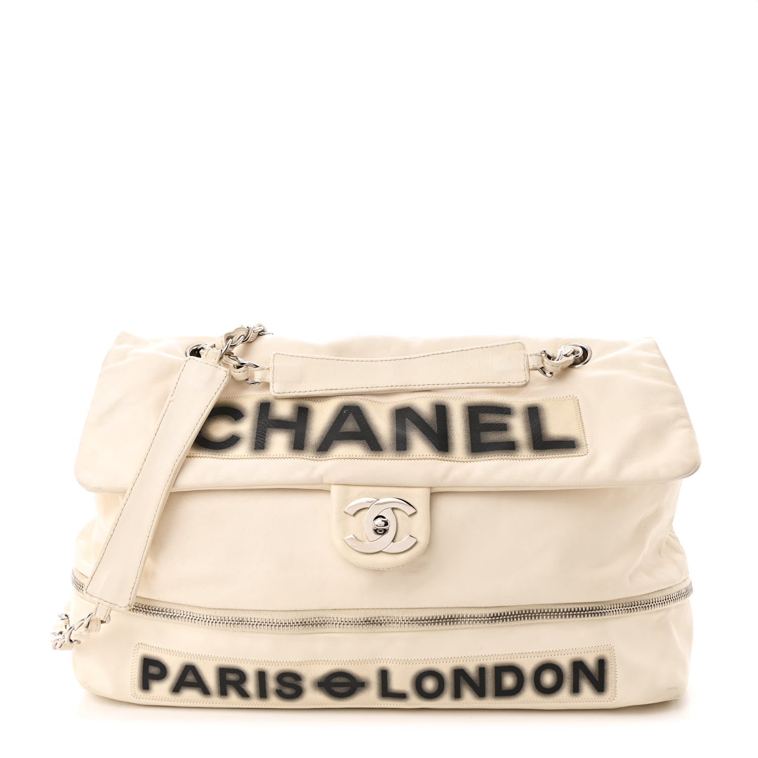 Calfskin Large Expandable Paris London Flap Bag White