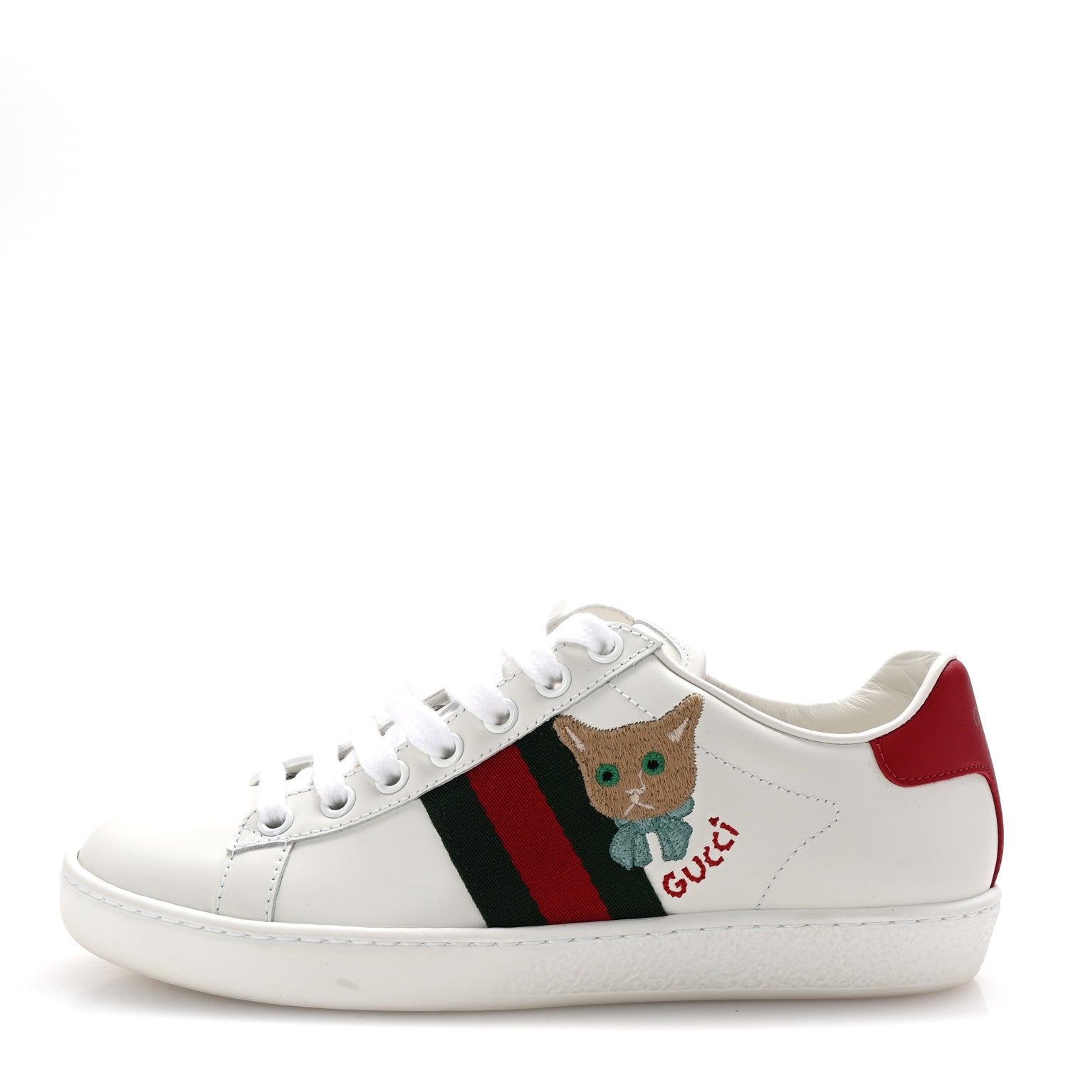 Calfskin Cat Embroidered Womens Ace Sneakers 35 White Green