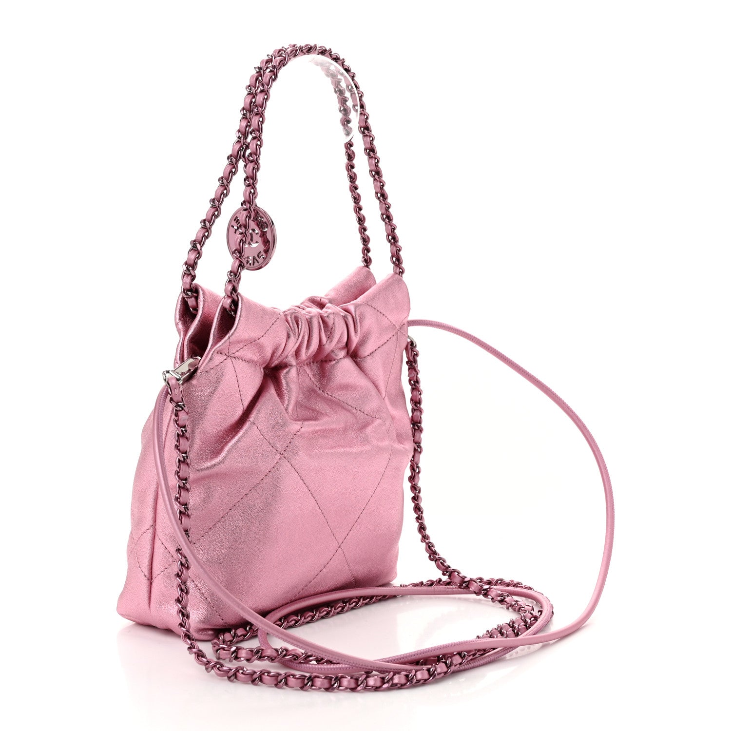 Metallic Lambskin Lacquered Monochrome Quilted Mini Chanel 22 Pink