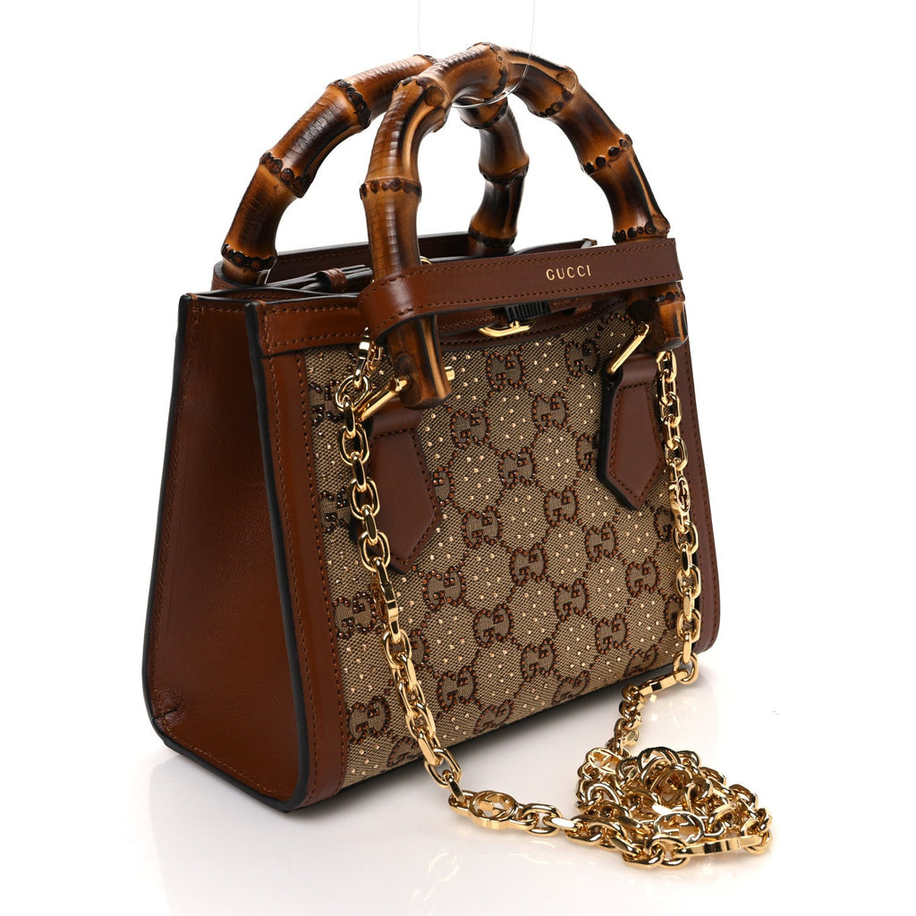 New Canvas Charisma Calfskin Crystal GG Monogram Mini Diana Tote Bag Camel Ebony
