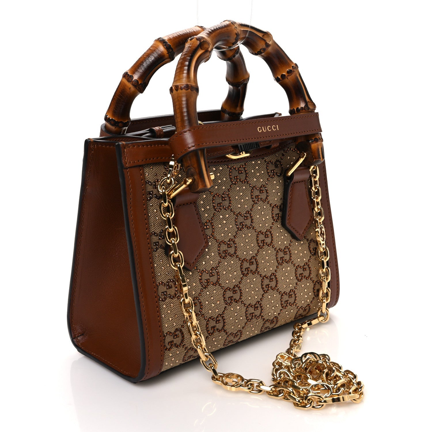New Canvas Charisma Calfskin Crystal GG Monogram Mini Diana Tote Bag Camel Ebony
