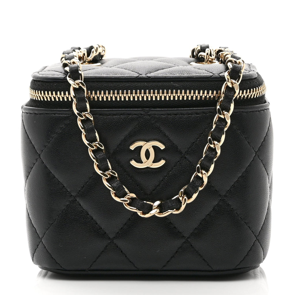 Lambskin Quilted Mini Vanity Case With Chain Black