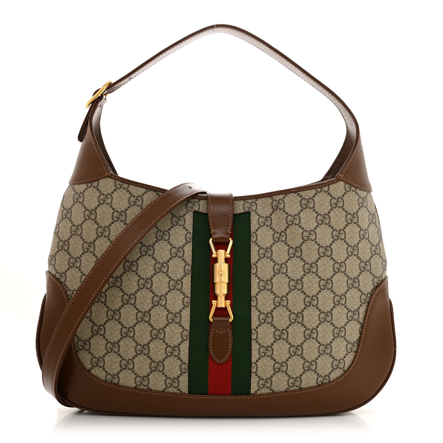 GG Supreme Monogram Azalea Calfskin Web Medium Jackie 1961 Hobo Beige Ebony Brown Sugar