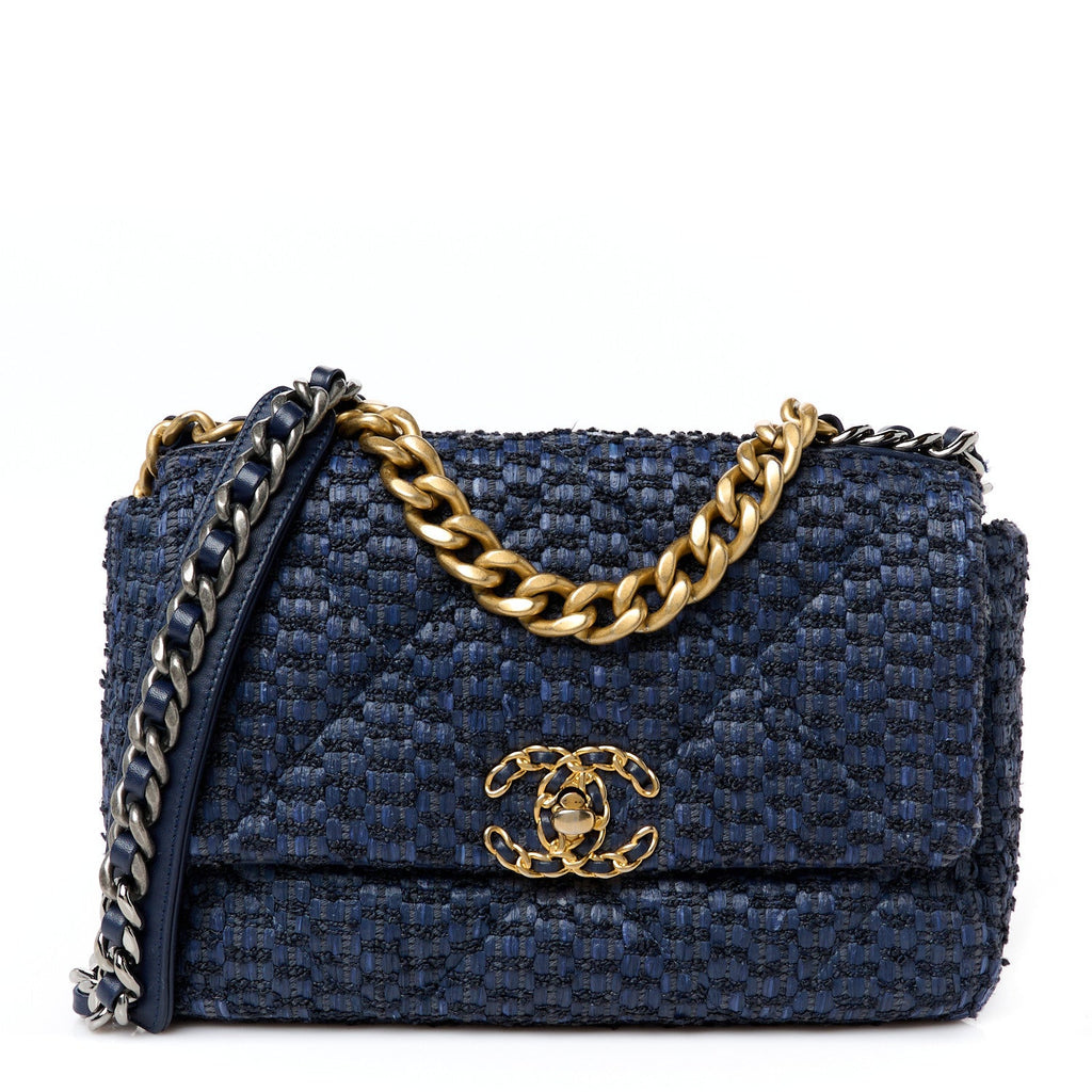 Raffia Tweed Quilted Medium Chanel 19 Flap  Navy