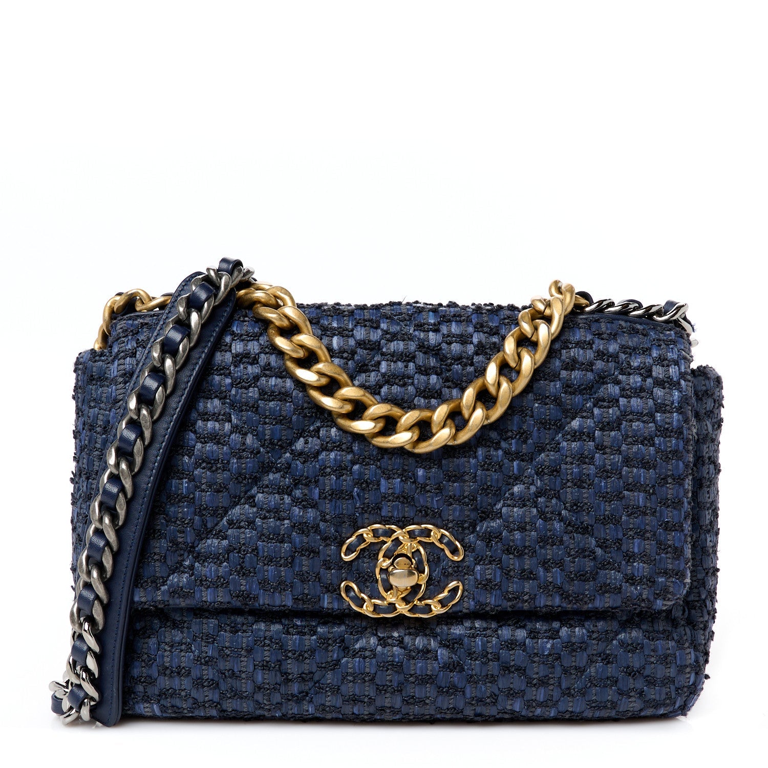Raffia Tweed Quilted Medium Chanel 19 Flap  Navy