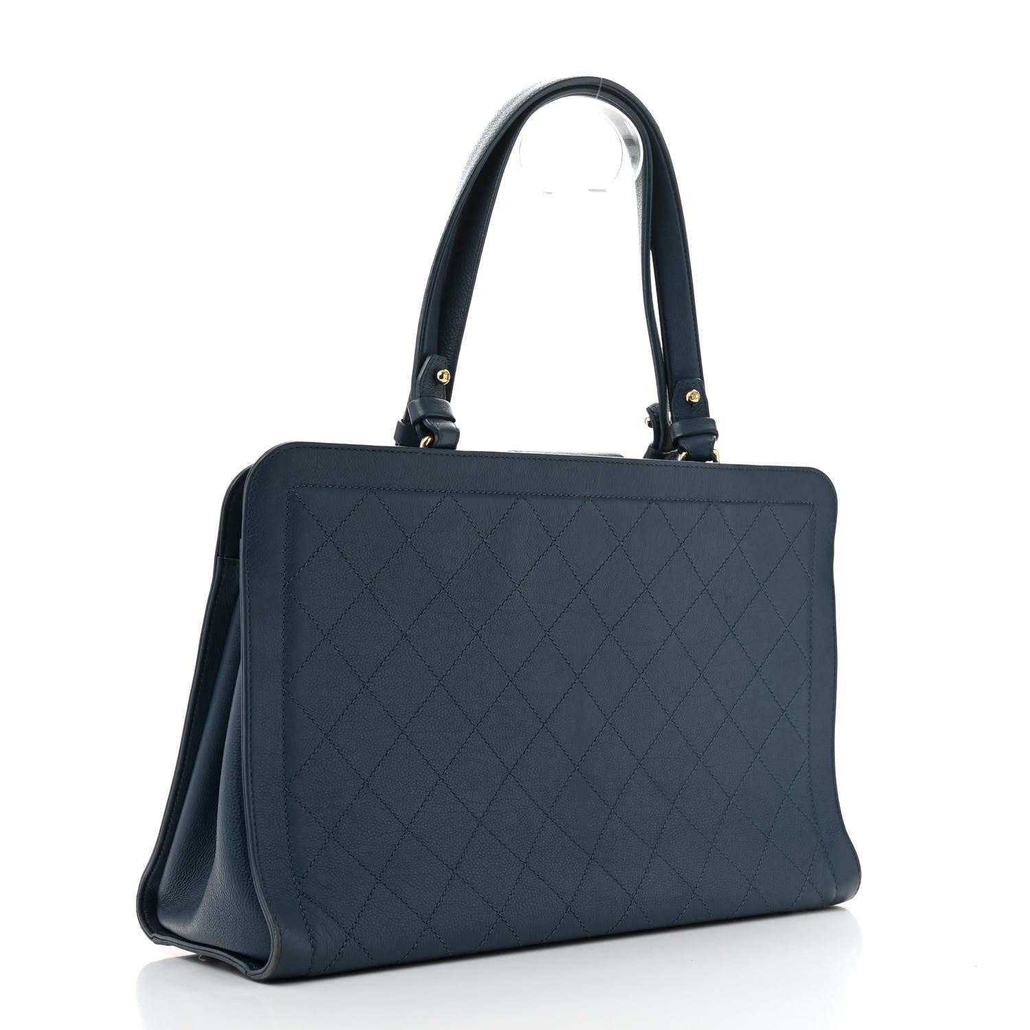Grained Calfskin Stitched Large Label  Shopper Tote Blue