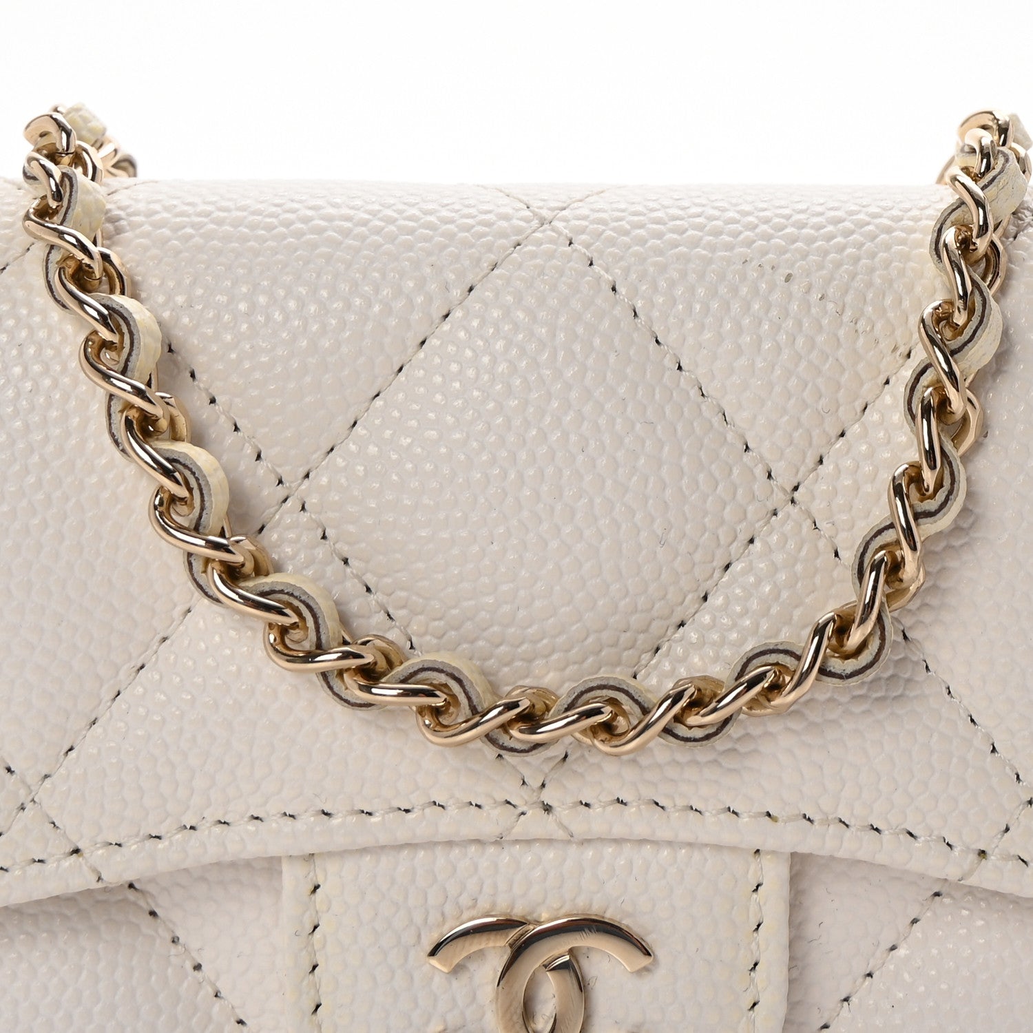 Caviar Quilted Flap  Holder On Chain White