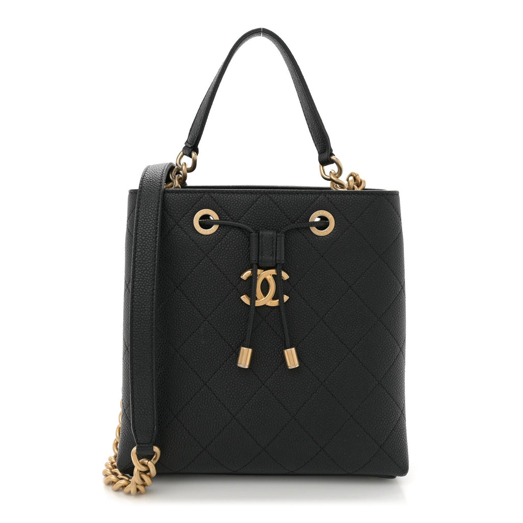 Grained Calfskin Stitched Small Drawstring Bag Black