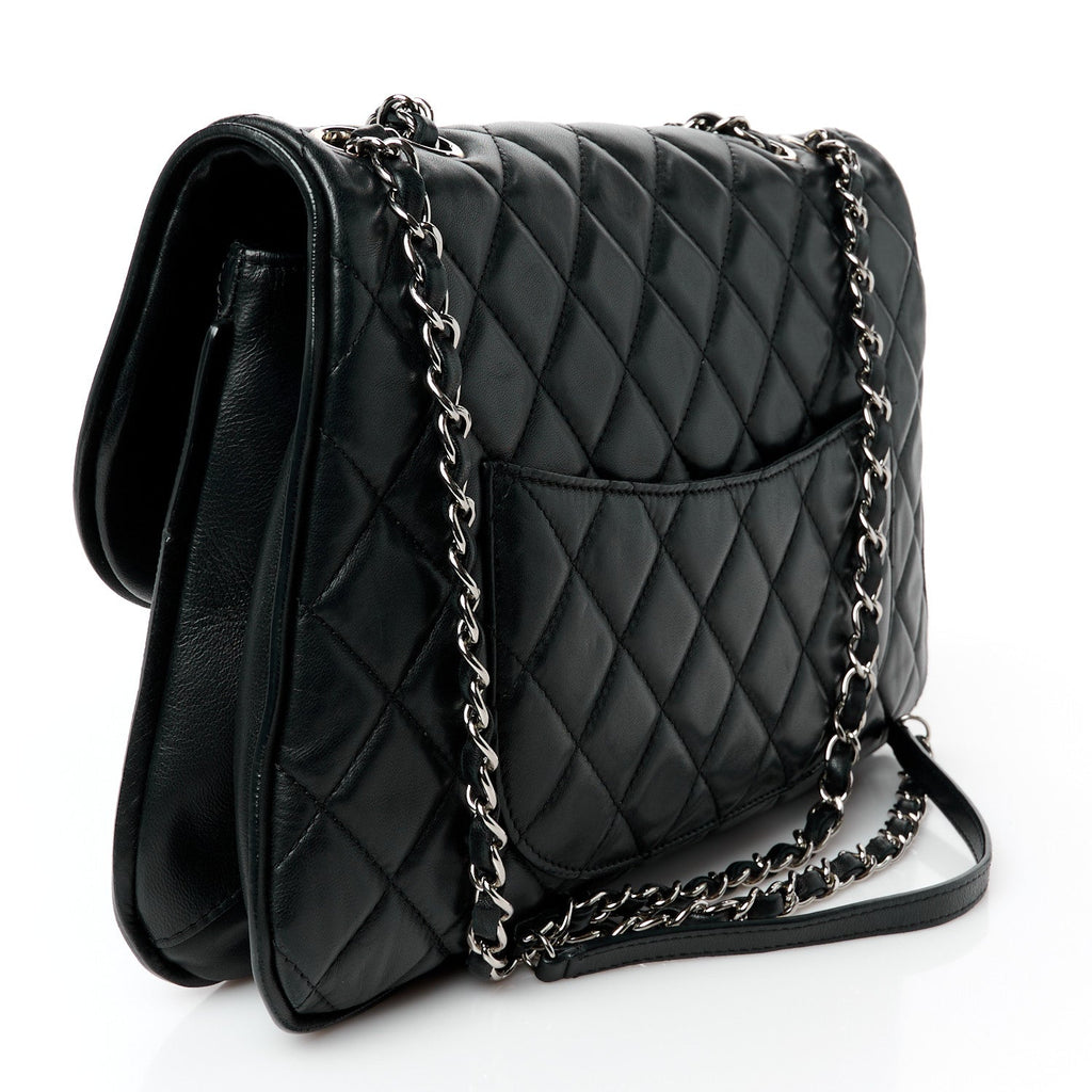 Lambskin Quilted Large Pagode Piping Flap Black