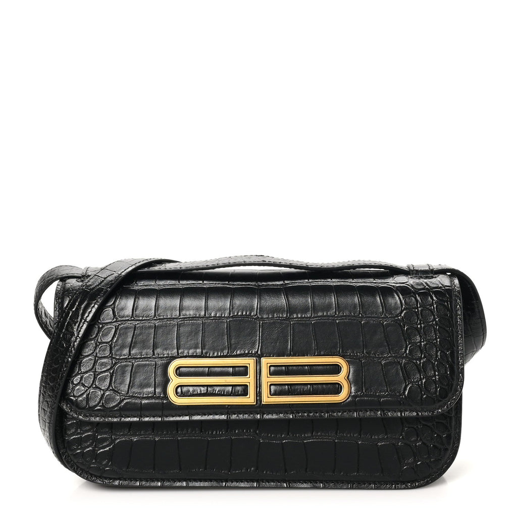 Extra Supple Calfskin Crocodile Embossed Small Gossip Bag Black