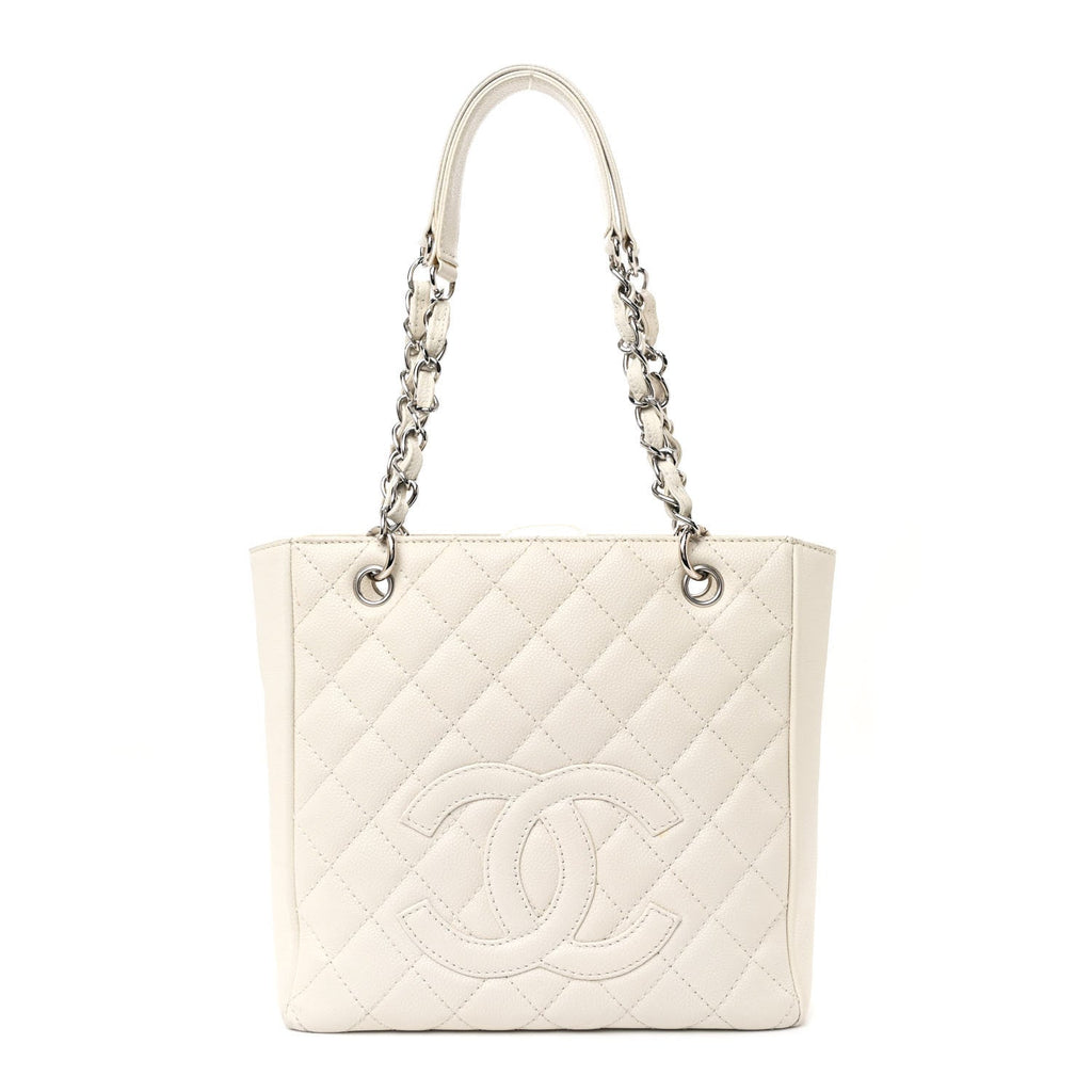 Caviar Quilted Petit Shopping Tote PST White