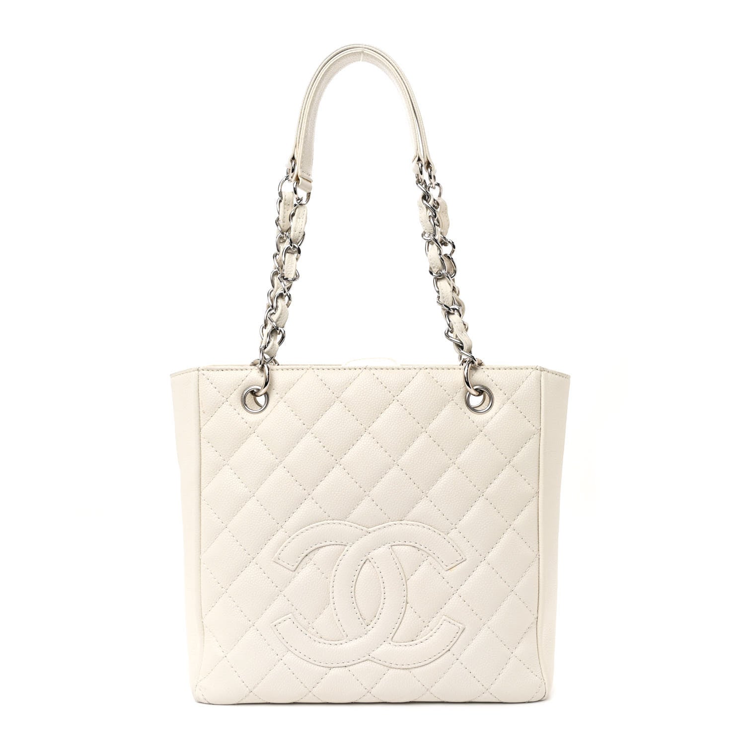 Caviar Quilted Petit Shopping Tote PST White