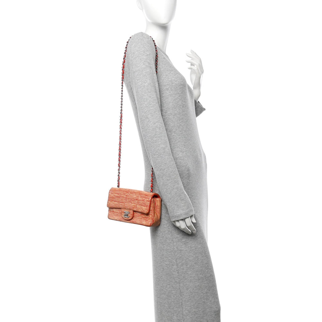 Patent Calfskin Striped Mini Rectangular Flap Red