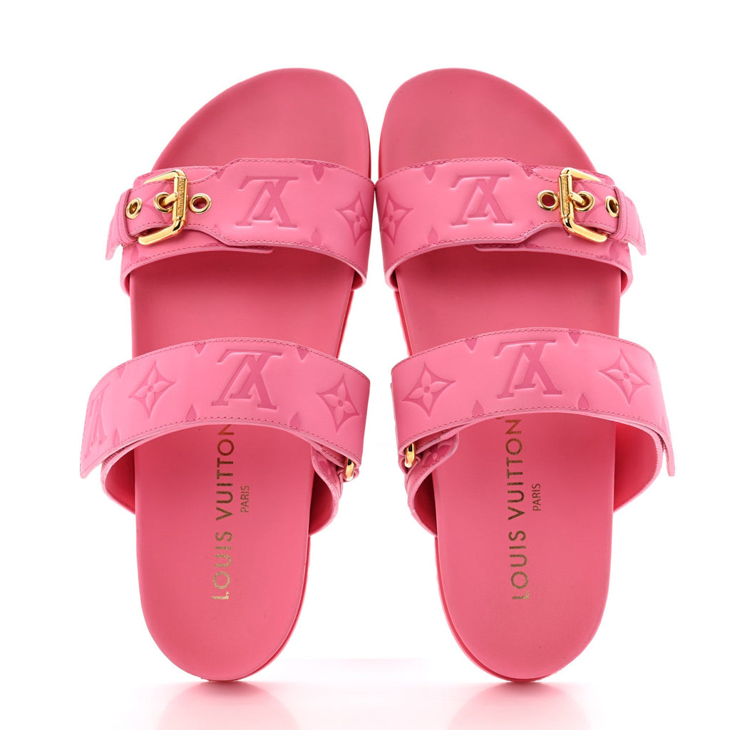 Calfskin Monogram Embossed Bom Dia Flat Mule Sandals 38 Pink