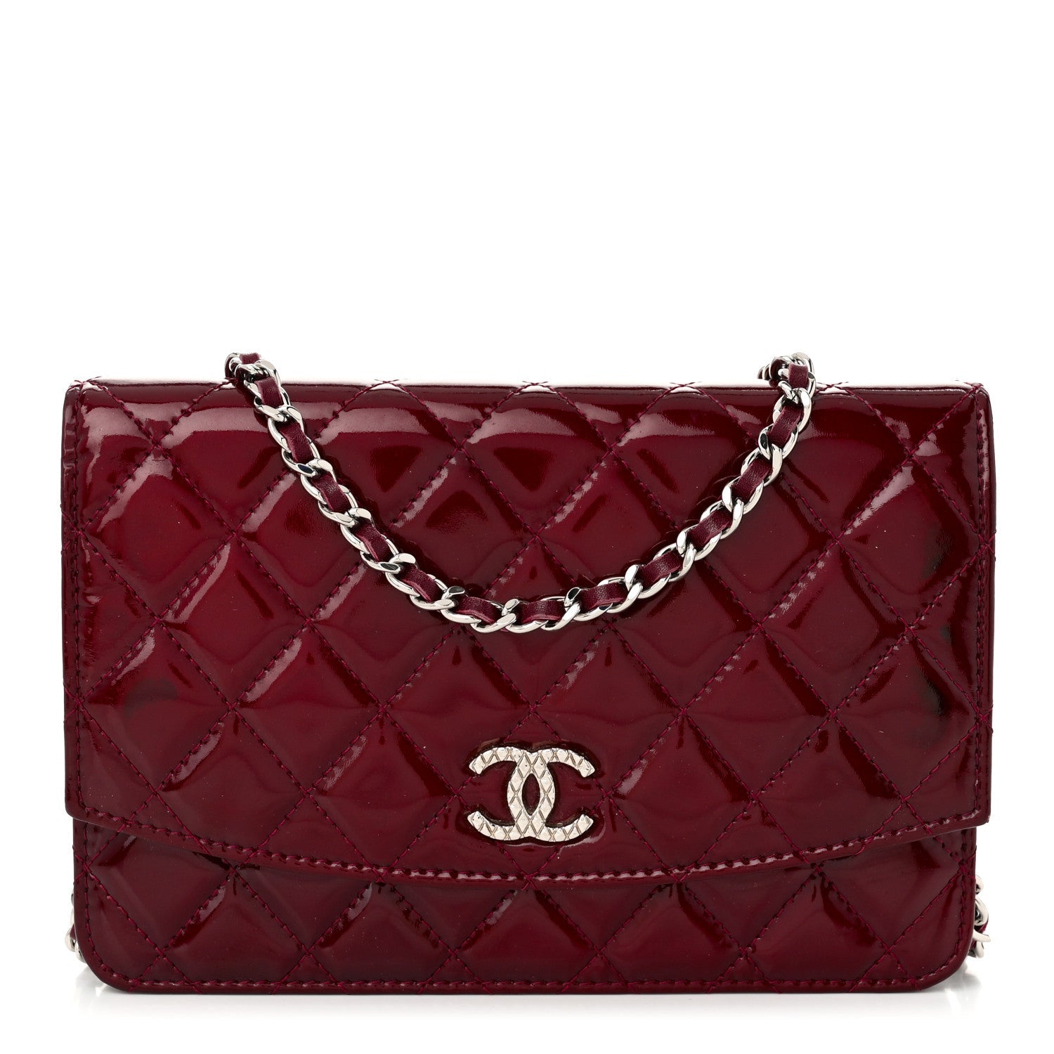 Patent Quilted Brilliant Wallet On Chain WOC Dark Burgundy