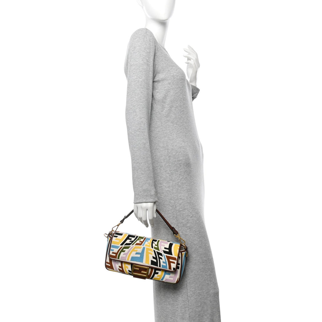 X SARA COLEMAN Canvas Vitello King Seta FF Fish Eye Embroidered Baguette Grezzo Multicolor Ghianda