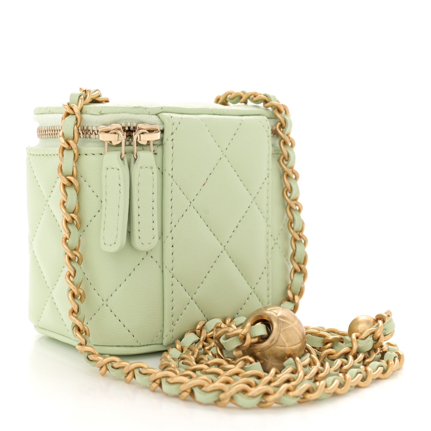 Lambskin Quilted Pearl Crush Mini Vanity Case With Chain Light Green