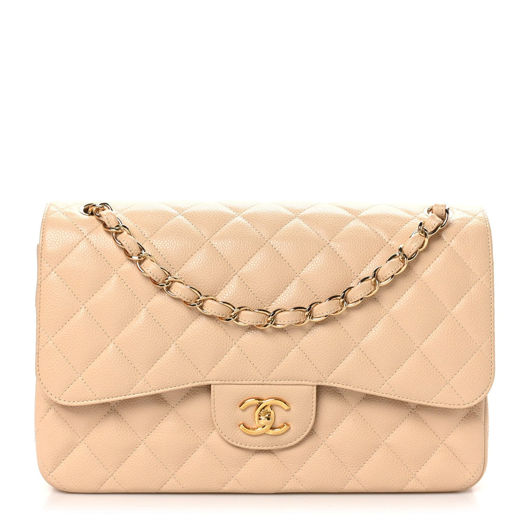 Caviar Quilted Jumbo Double Flap Beige Clair