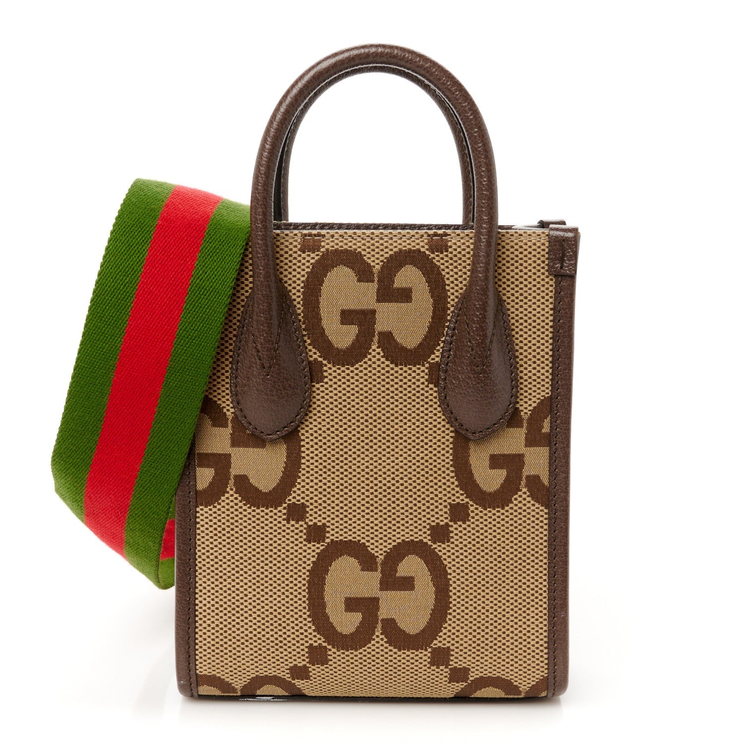 Monogram Jumbo GG Textured Dollar Calfskin Web Mini Vertical Tote Camel Ebony New Acero