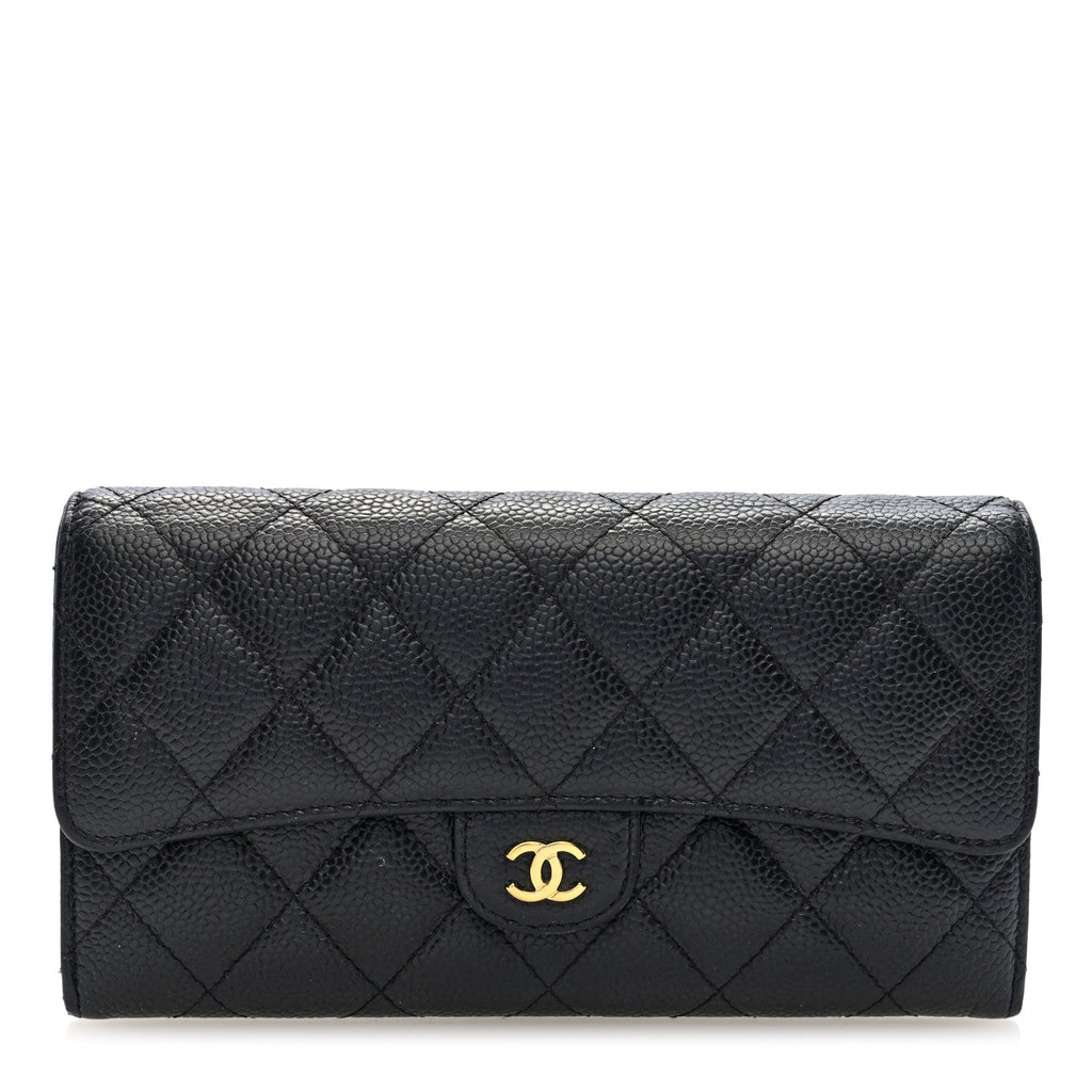 Caviar Quilted Large Gusset Flap Wallet Black