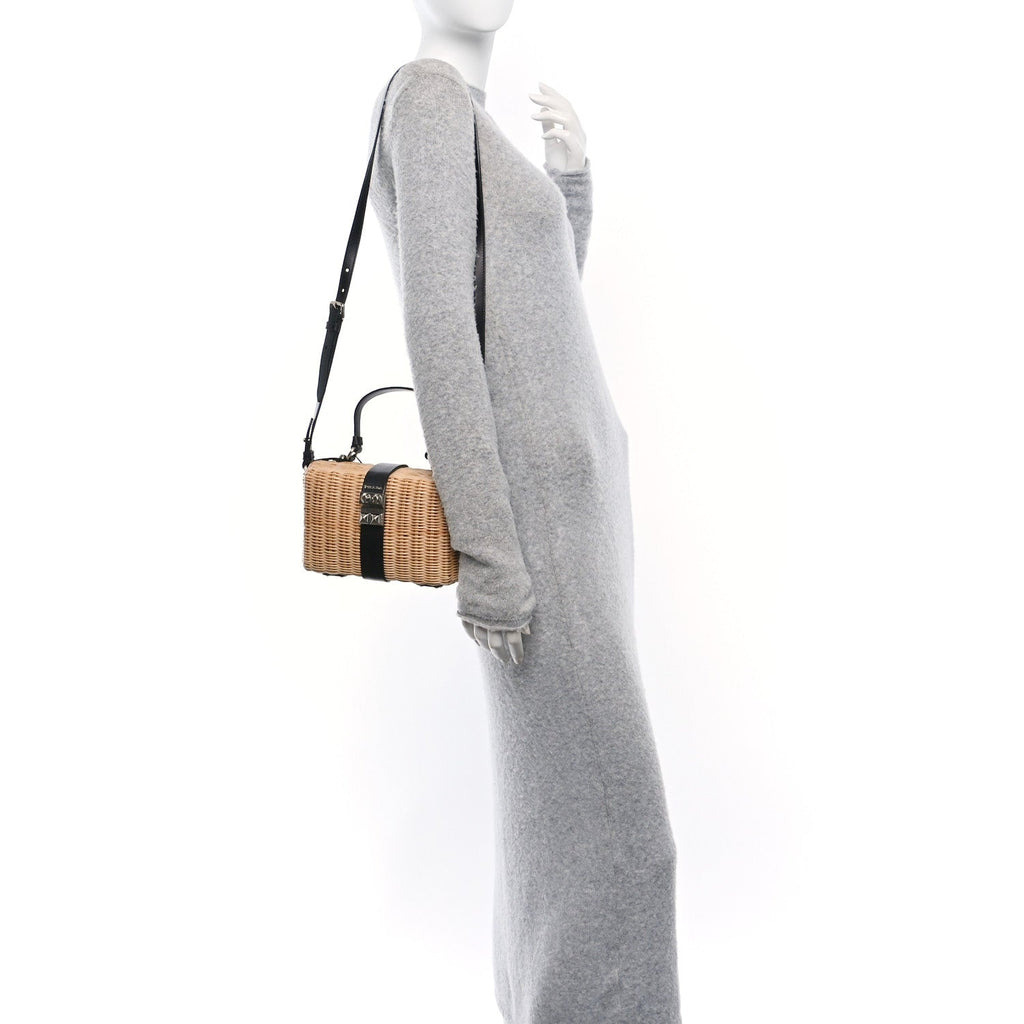 Wicker Top Handle Shoulder Bag Naturale Black