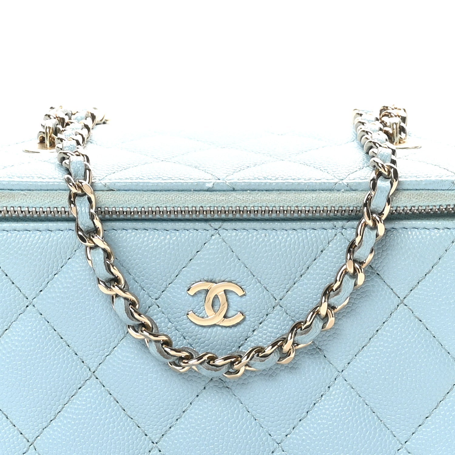 Caviar Quilted Small Tiny CC Vanity Case With Chain Light Blue