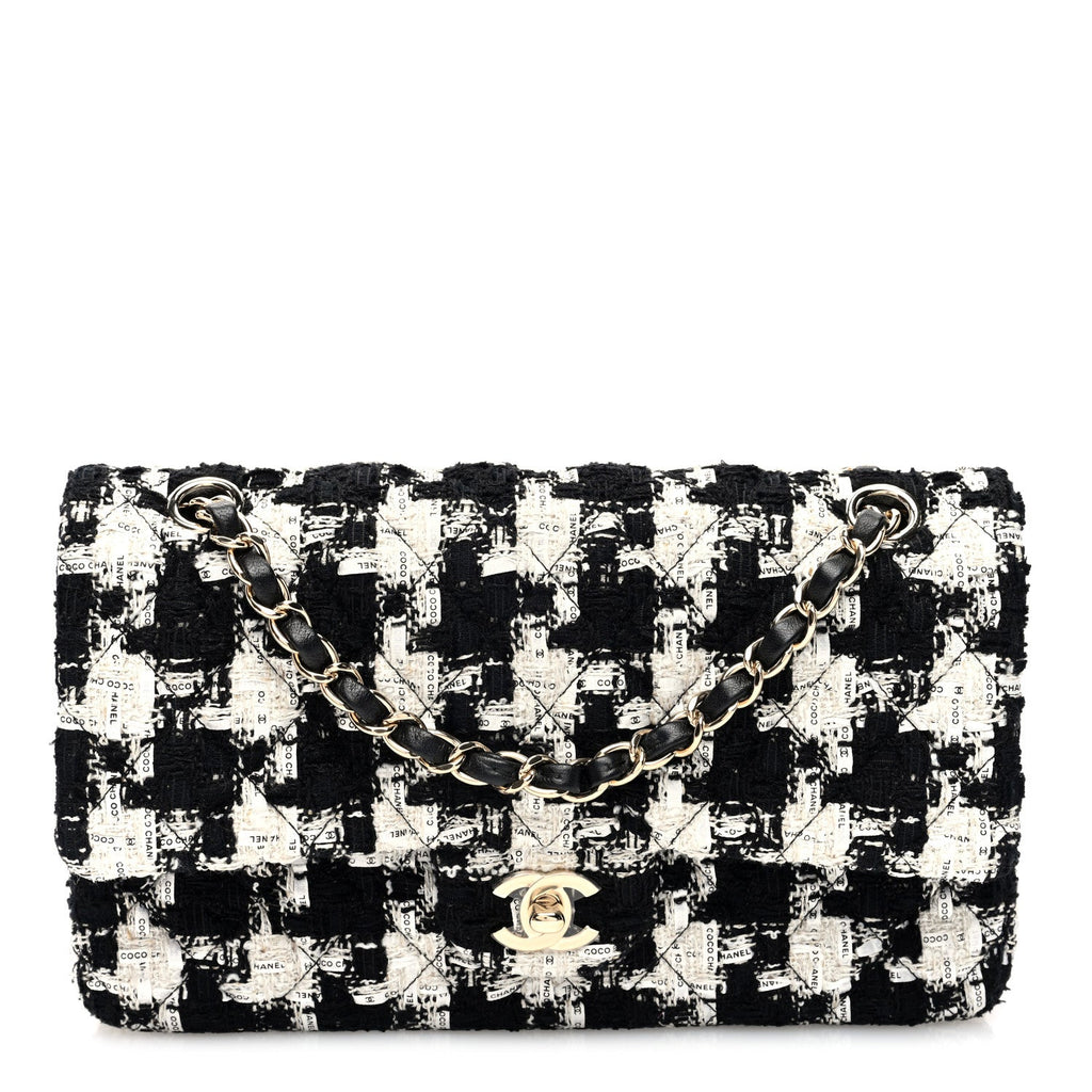 Tweed Quilted Medium Double Flap Black Ecru White