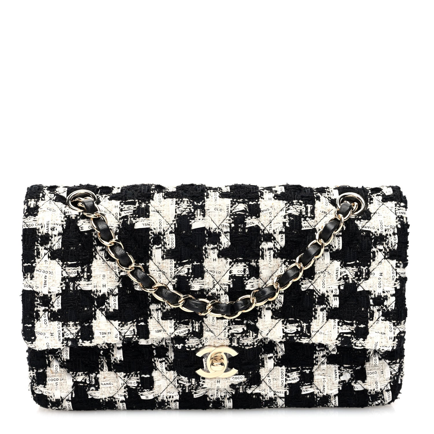 Tweed Quilted Medium Double Flap Black Ecru White