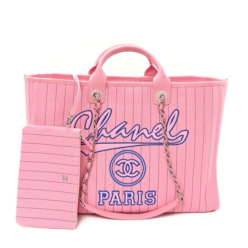 Canvas Calfskin Striped Large Deauville Tote Pink Blue