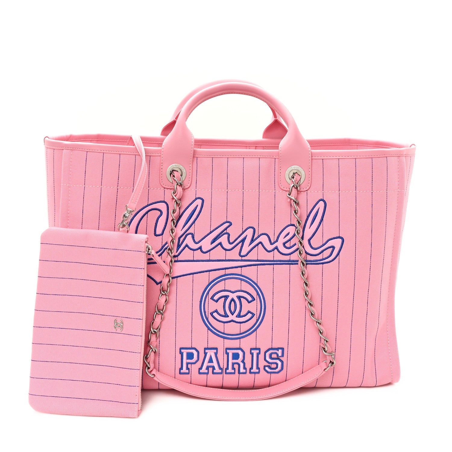 Canvas Calfskin Striped Large Deauville Tote Pink Blue