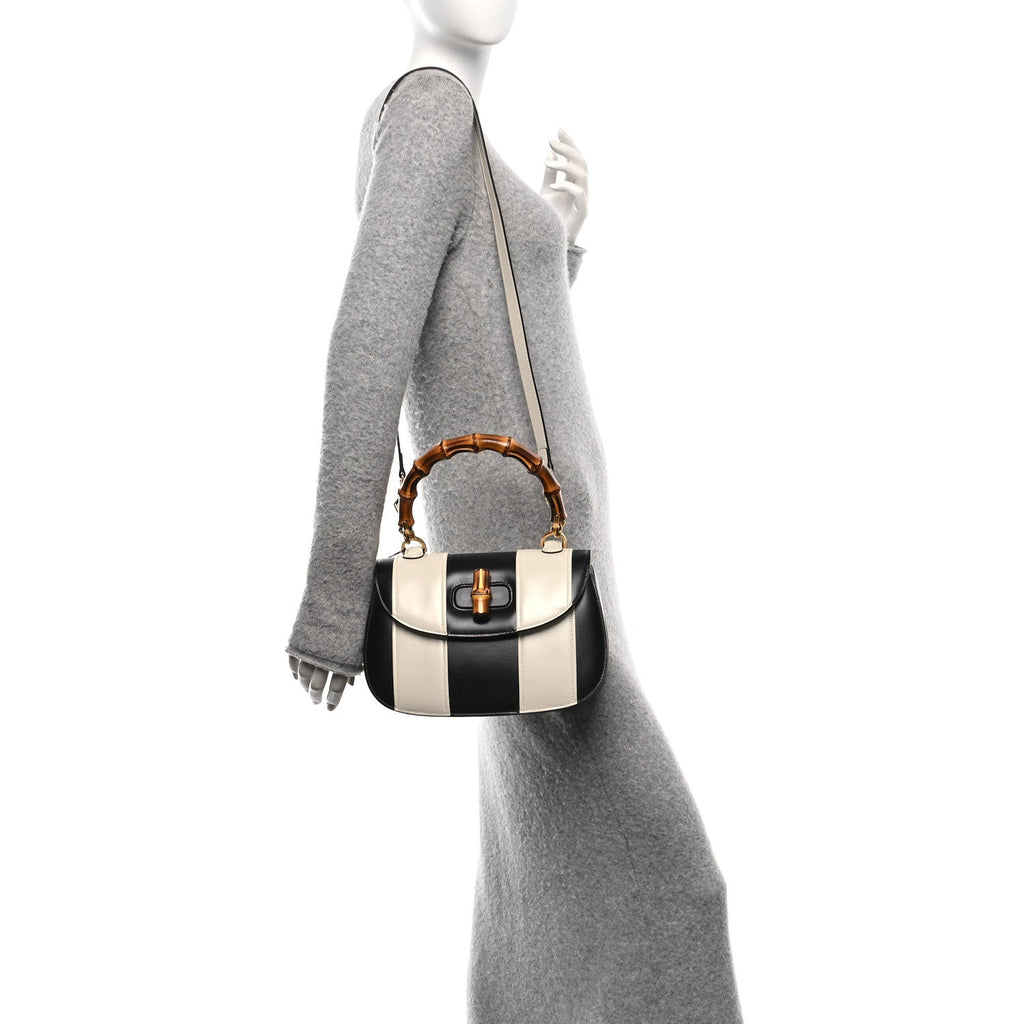 Boarded Dyana Lux Calfskin Web Monochrome Medium Bamboo 1947 Top Handle Bag Black White