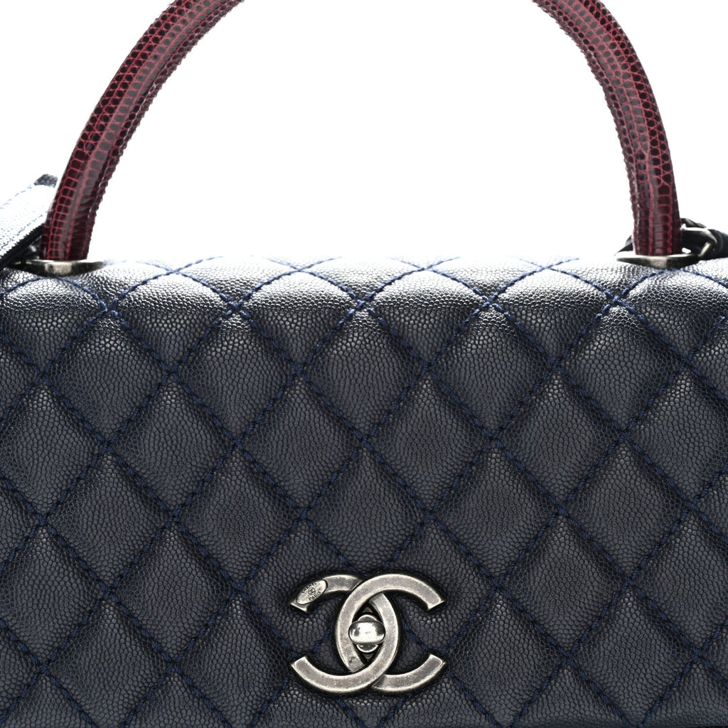 Caviar Lizard Quilted Small Coco Handle Flap Navy Blue