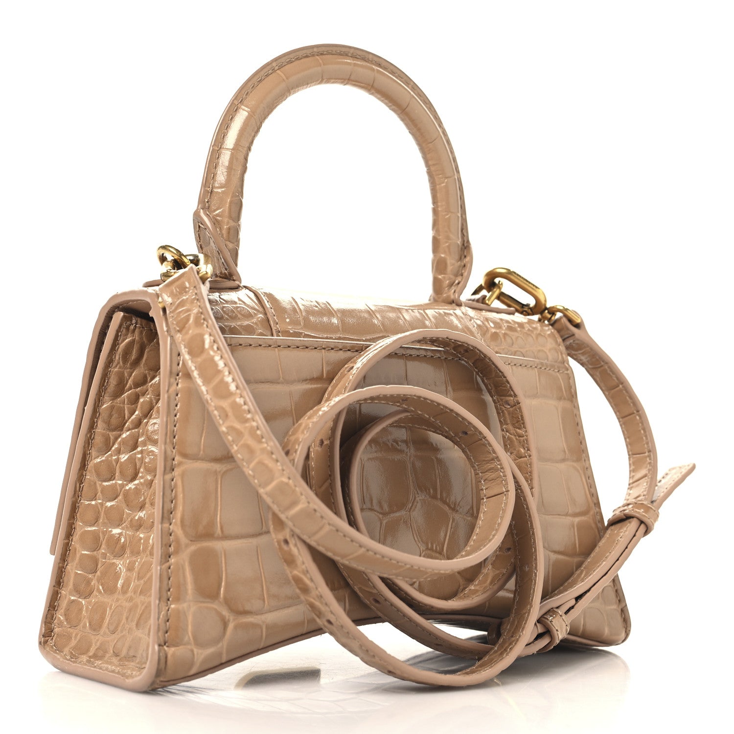 Shiny Calfskin Crocodile Embossed Hourglass Top Handle Bag XS Nude Beige