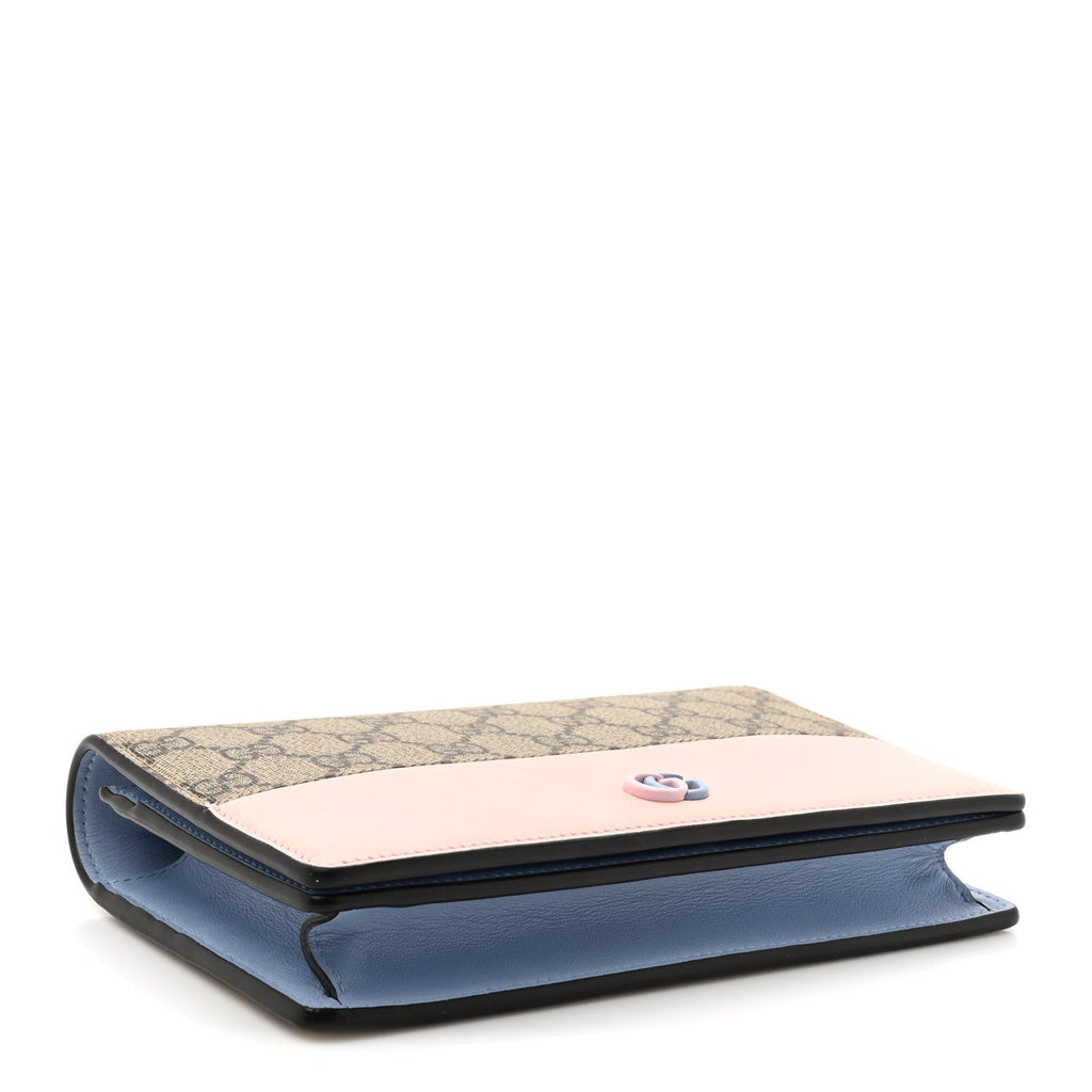 GG Supreme Monogram Textured Dollar Calfskin Mini GG Marmont Chain Wallet Light Pink Blue Beige