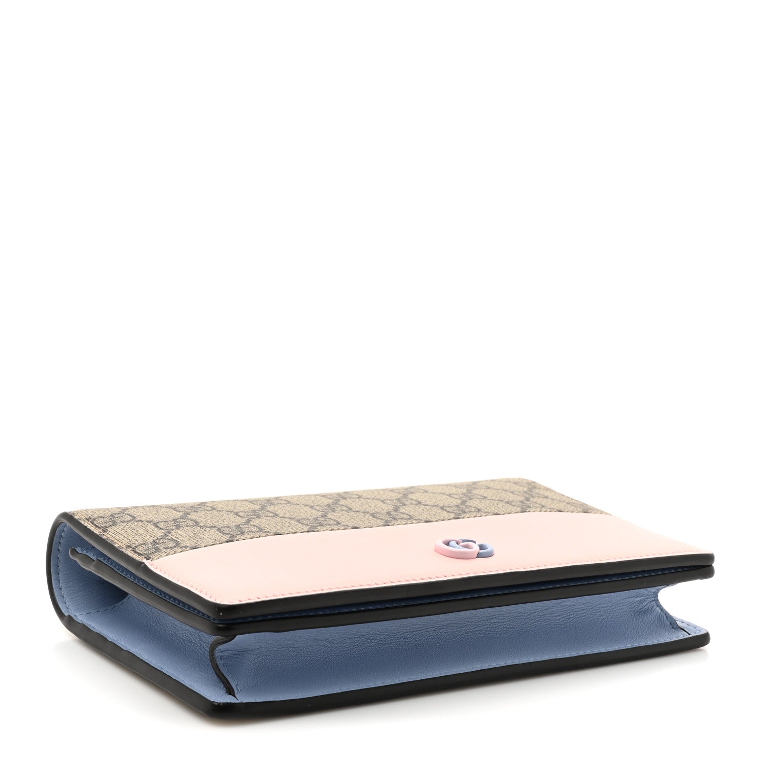 GG Supreme Monogram Textured Dollar Calfskin Mini GG Marmont Chain Wallet Light Pink Blue Beige