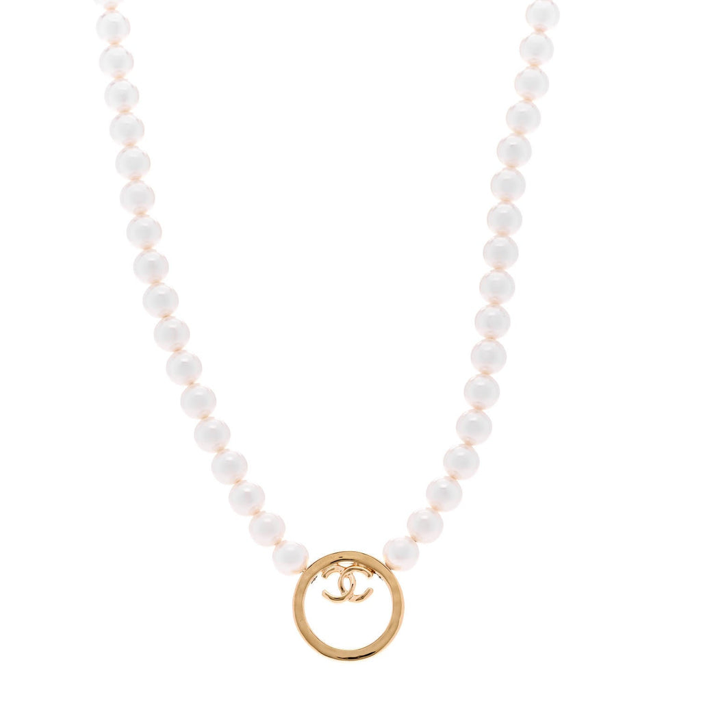 Pearl CC Round Long Necklace Gold White