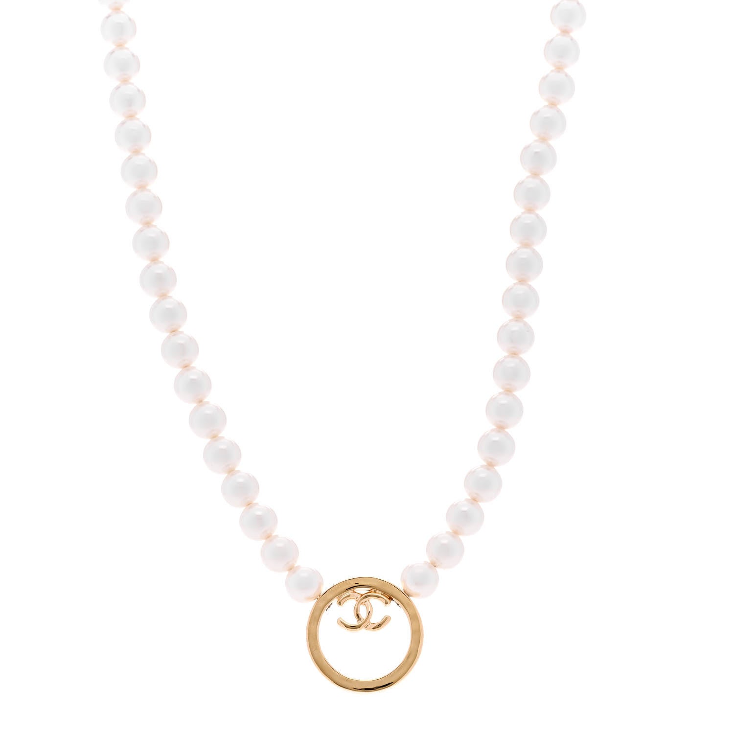 Pearl CC Round Long Necklace Gold White